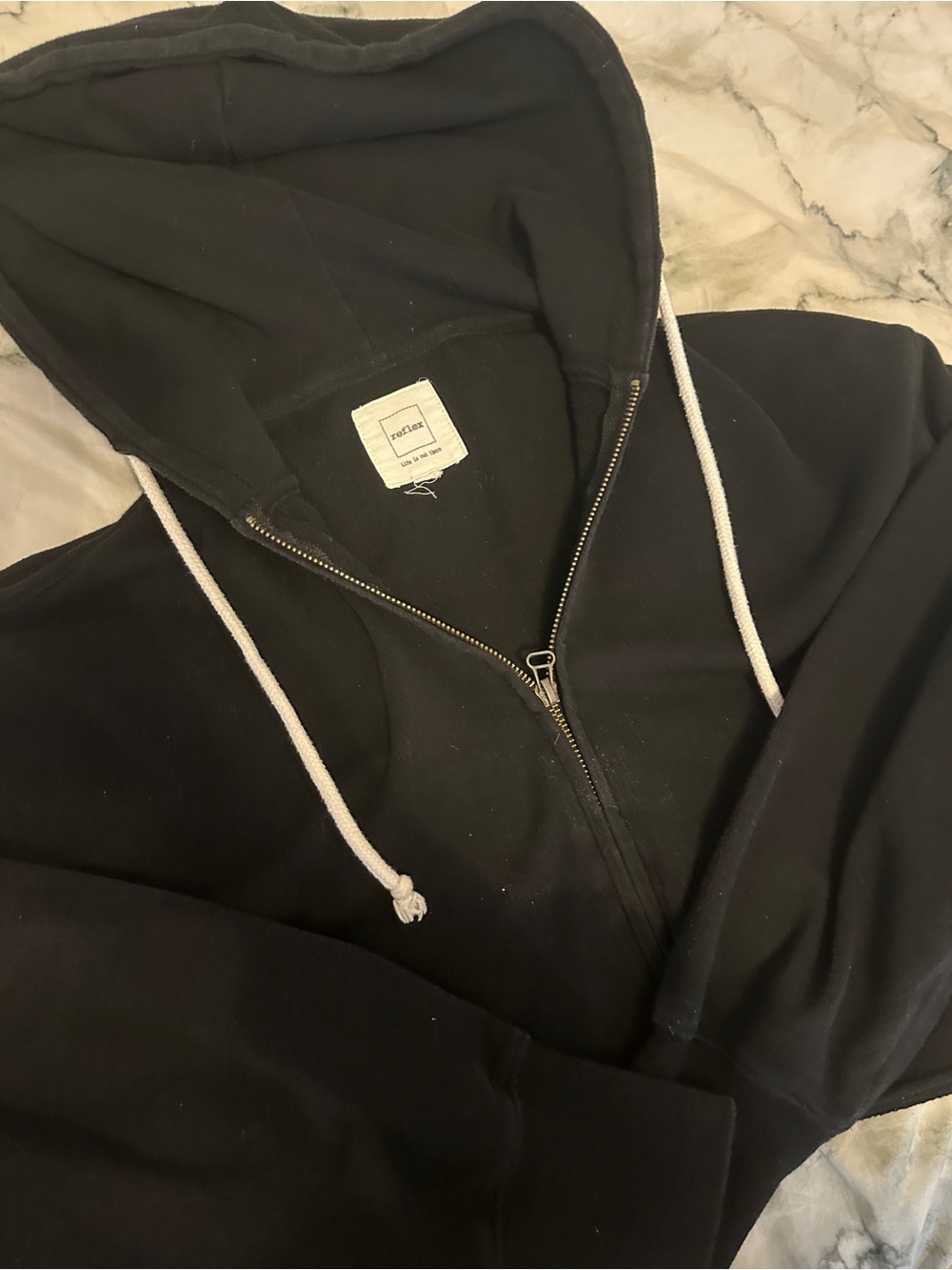 Reflex Black Zip-Up Hoodie with White Drawstrings